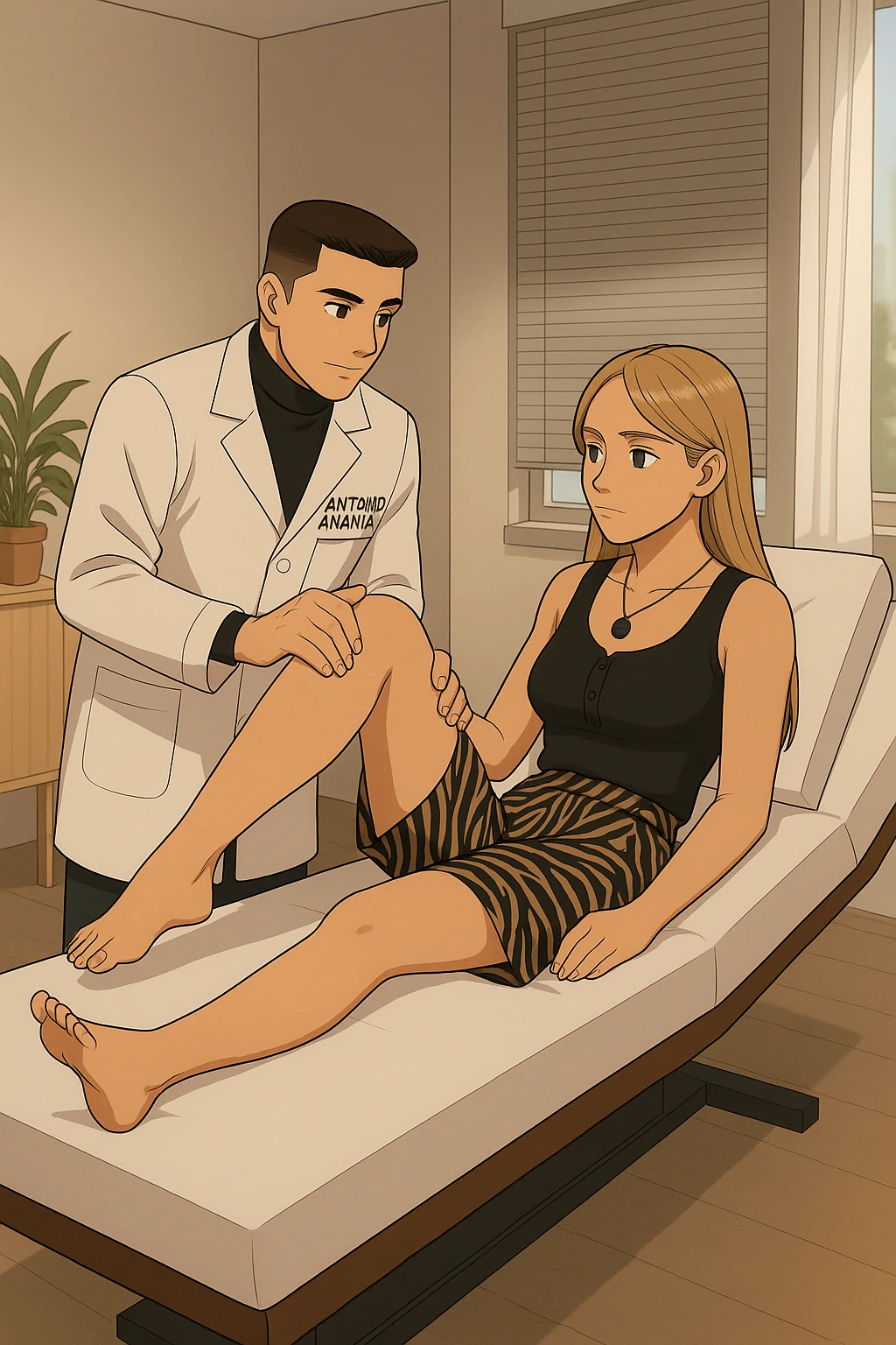 fai un webtoon/manga a colori con questo kinesiologo in camice bianco (fagli la scritta "ANTONIO ANANIA" SUL CAMICE) CHE SVOLGE UN TEST NEUROMUSCOLARE SOLLEVANDO UNA GAMBA ALLA RAGAZZA CHE è STESA SU UN LETTINO BIANCO. STANZA SEMPLICE E MODERNA, DURANTE IL TEST I DUE DIALOGANO TRA LORO. NON FARE I FUMETTI, FAI SOLO LORO COME SE DIALOGASSERO emoji