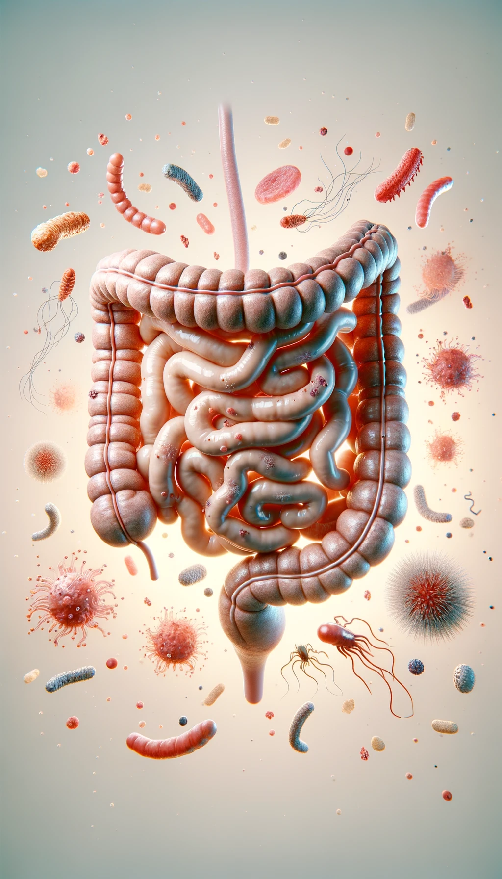 intestino umano realistico con batteri e parassiti che gli fluttuano intorno, sfondo chiaro, iperrealistico 4k emoji