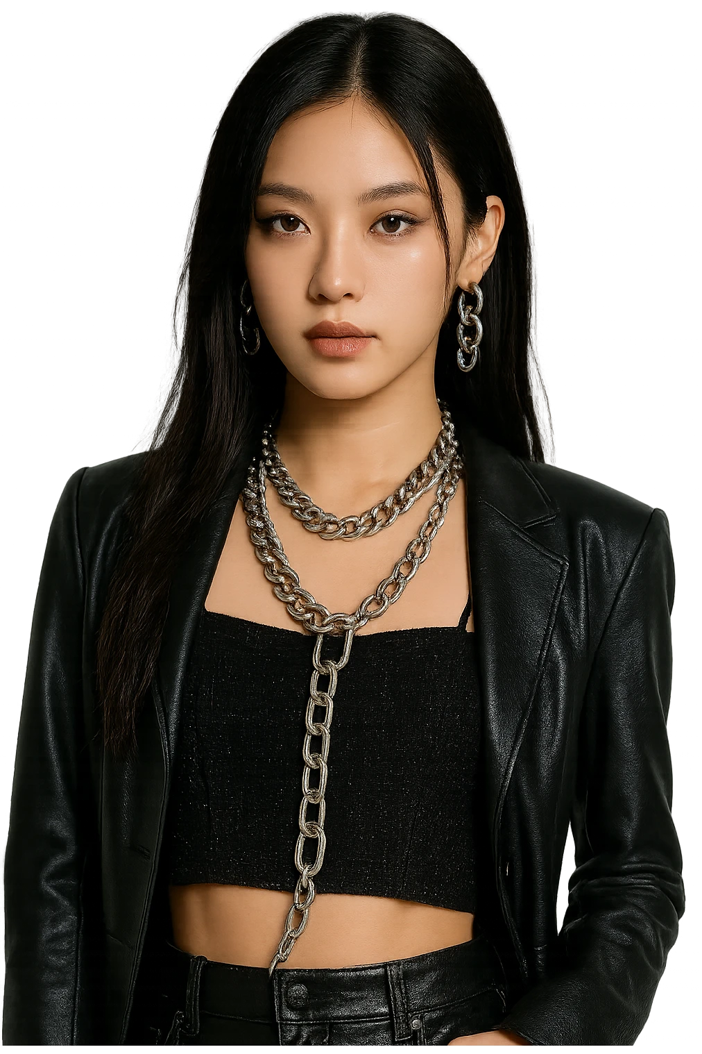 kpop idol star with metallic chains, fashionable emoji