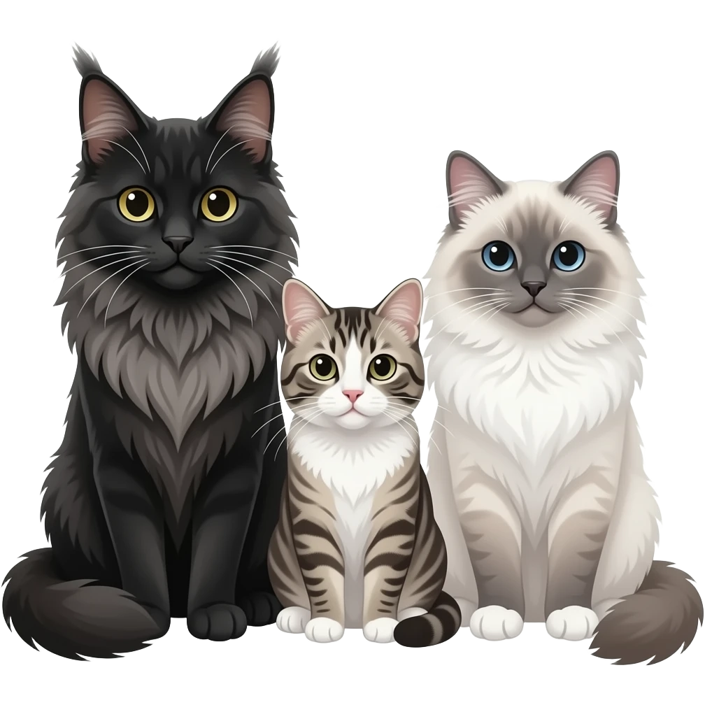 3 cats together. 2 Maine Coon cats. 1 is black smoke . 2 is slightly smaller grey, white and black tabby. And 1 Ragdoll cat. White with grey face and tail. Legs grey with white feet. emoji