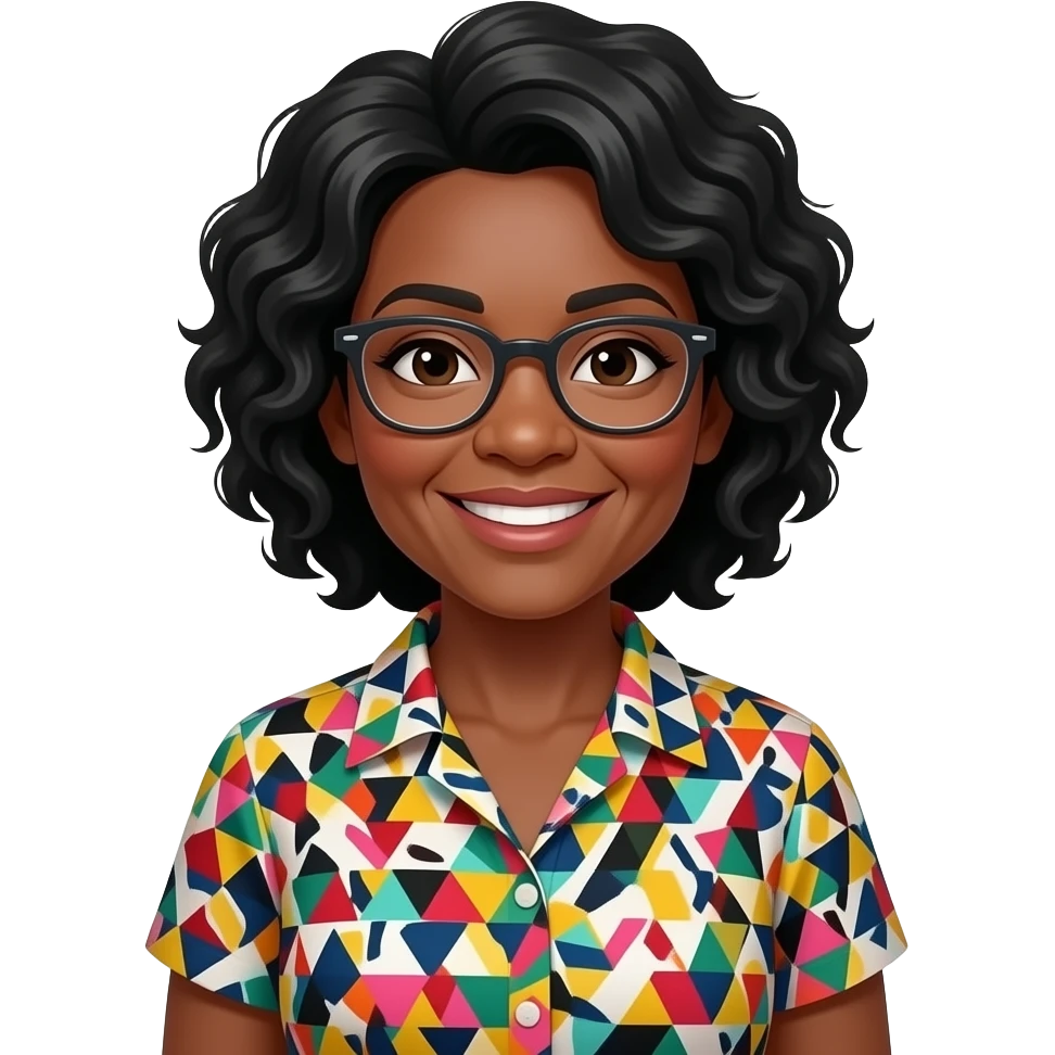female, early 60s, round face, african decent, colourful blowse top, grey and black wavy hair, remove glasses emoji