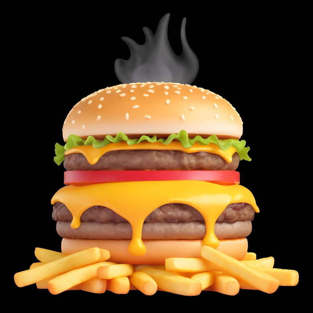 juicy triple-patty cheeseburger with melting triple cheese, crispy golden French fries on the side, hot steam rising from the food, fresh, delicious, sizzling hot, appetizing cartoon emoji style, high detail, bright colors emoji