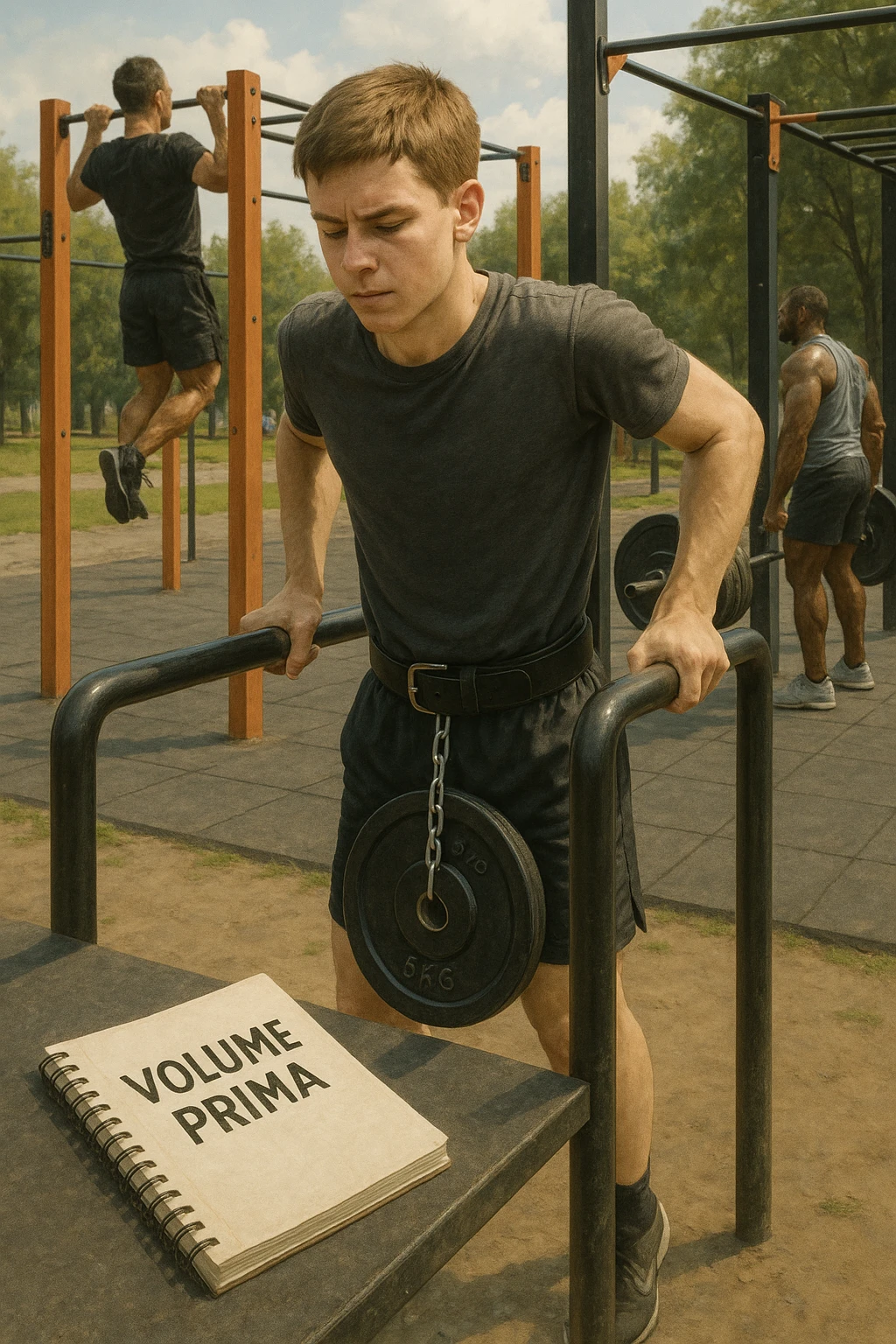 Atleta neofita giovane in un parco attrezzato per streetlifting, fisico ancora in fase iniziale. È intento a eseguire molte ripetizioni di esercizi a corpo libero con pesi leggeri (zavorra moderata), come trazioni e dip su parallele. Accanto a lui un taccuino di allenamento con la scritta 'Volume Prima'. L’atmosfera è luminosa e motivante, con altri atleti più muscolosi che sollevano carichi pesanti, ma lui è concentrato sul gesto tecnico e sulla costanza. Stile realistico, colori naturali, messaggio educativo su priorità all’adattamento progressivo e al volume. emoji