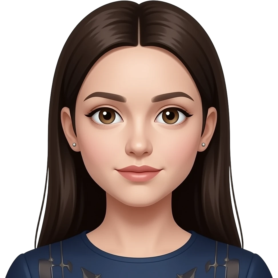 HT - hazel eyes, very pale white skin, dark brown very long straight hair, dark blue dress, infinity earring studs emoji