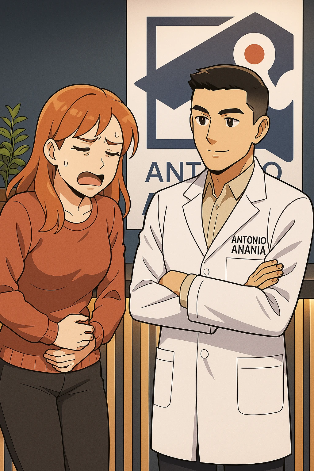 su questo stile fai un manga/webtoon a colori in cui una donna che parla esasperata dal suo problema, l'uomo della foto in stile manga gli risponde, mantieni un ambiente simile alla foto che ho allegato con il suo logo (sarebbe il suo studio, lui è un kinesiologo), scrivigli "ANTONIO ANANIA" sul camice bianco, non mettere fumetti, ma fai in modo che sembri che la donna chiede una cosa e l'uomo risponde alla sua domanda emoji