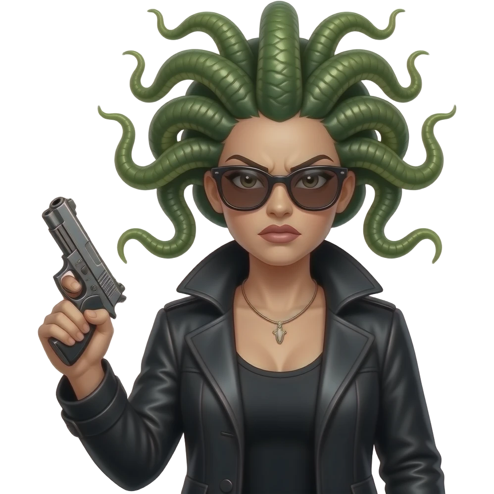 Angry beautiful female Medusa in black coat with sunglasses holding gun emoji