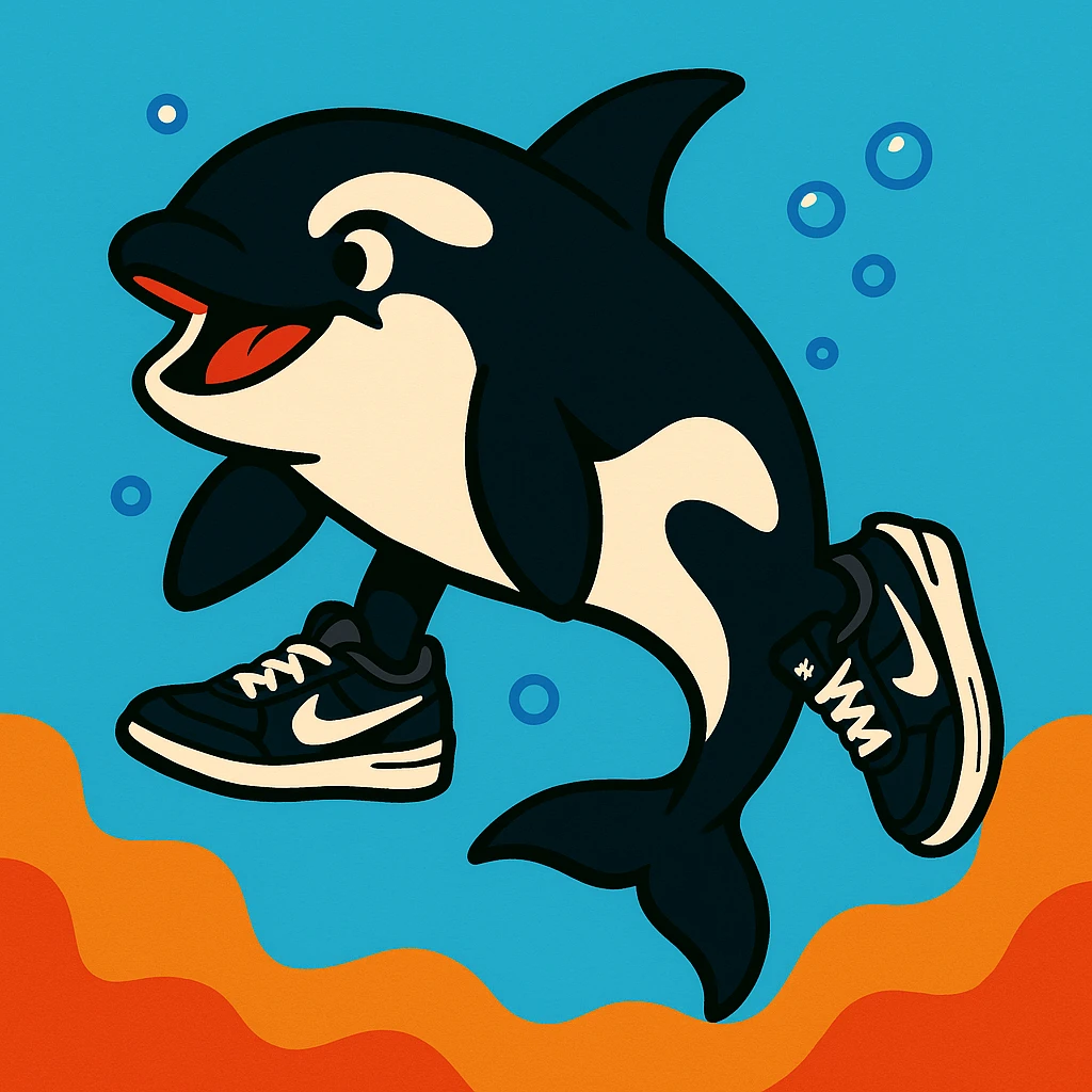 orca swimming with black and white Nike sneakers visible, energetic, simple background, vibrant toon style emoji