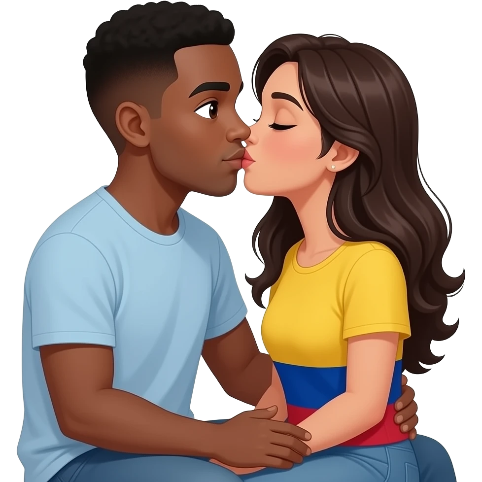 Black male with brown skin and short hair with a Columbian well built woman with look hair and prey eyes. She is sitting on his lap facing him kissing emoji
