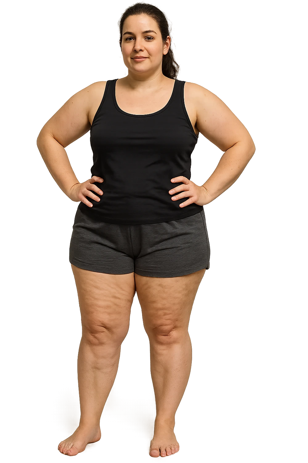 donna con inestetismi evidenti cellulite non troppo grassa e giovani sui 30 anni. in pantaloncini emoji