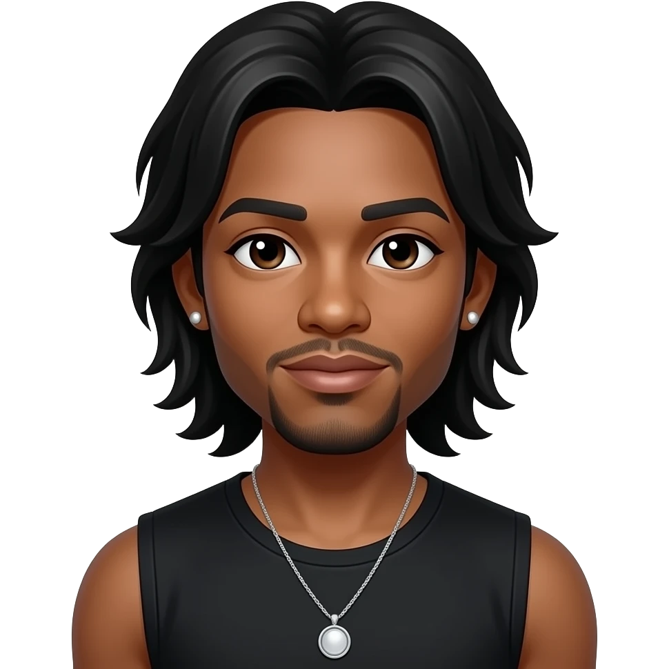 Omarion with dark brown eyes, long black hair, black sleeveless shirt, necklace and earrings emoji