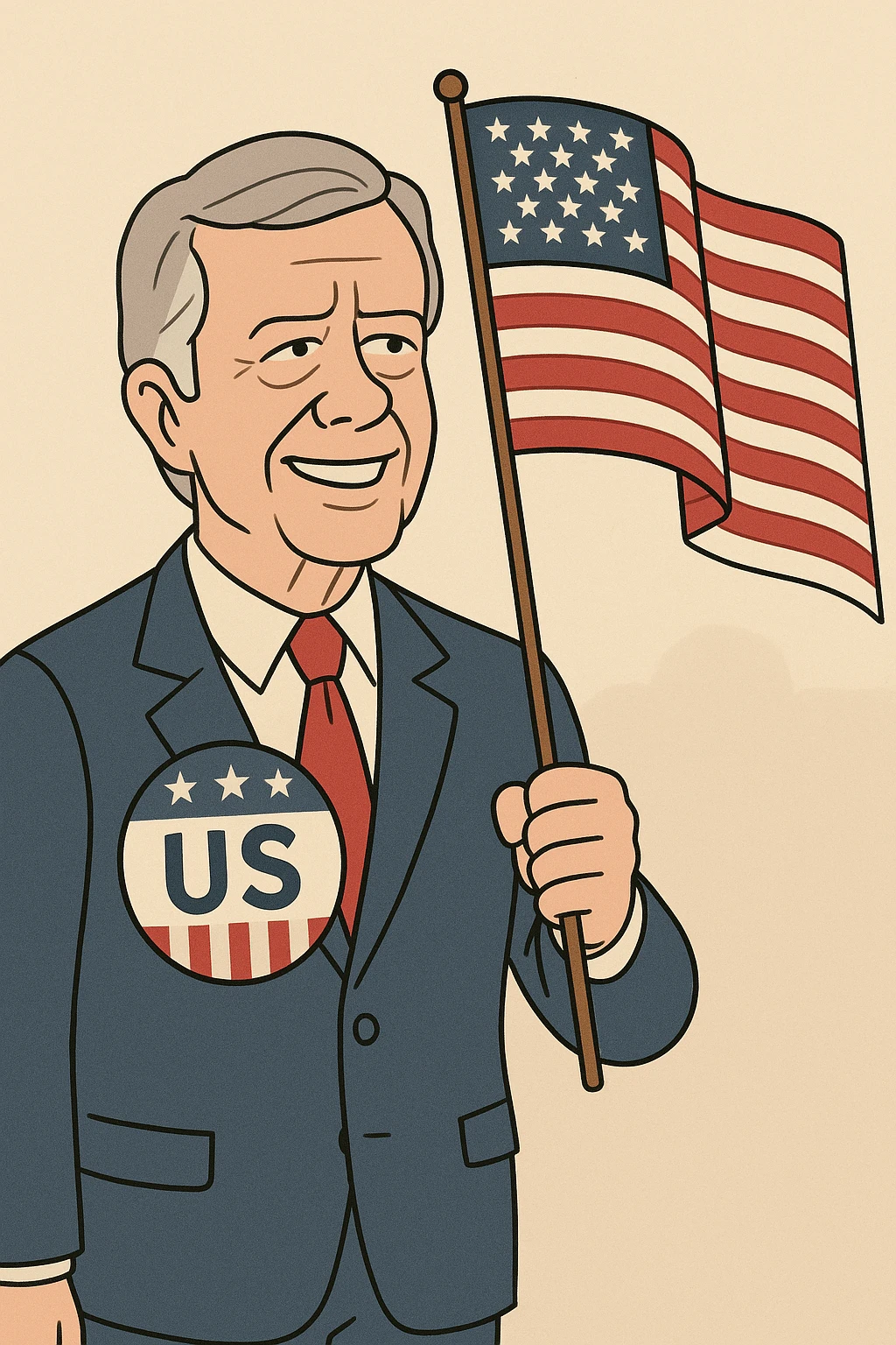 US President Carter  wearing a blue suit with a large US badge on his chest holding an American Flag emoji