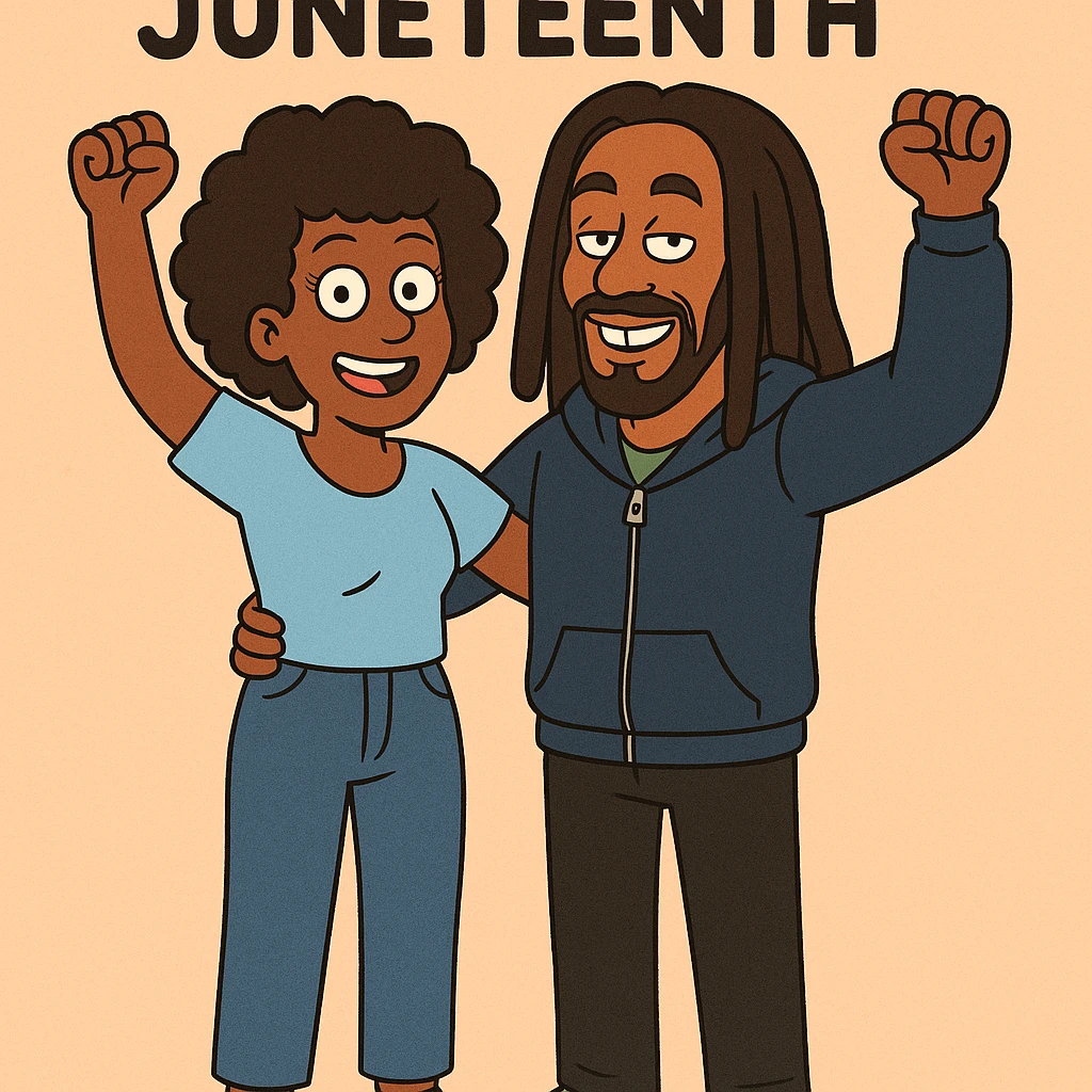 A woman Kinky hair light blue shirt blue jeans white shoes boy Dreadlocks dark brown hair green shuts navy blue zip up hoodie black jeans green shoes Bob Marley Vanessa Nakate Mae Jemison Happy JUNETEENTH emoji