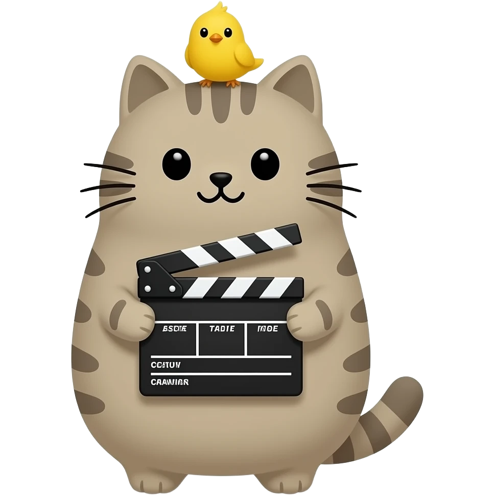pusheen the cat with a small yellow bird on his head, holding a movie clapperboard. the image must be a transparent .png. no light or dark border or outer glow or stroke around the image contour emoji