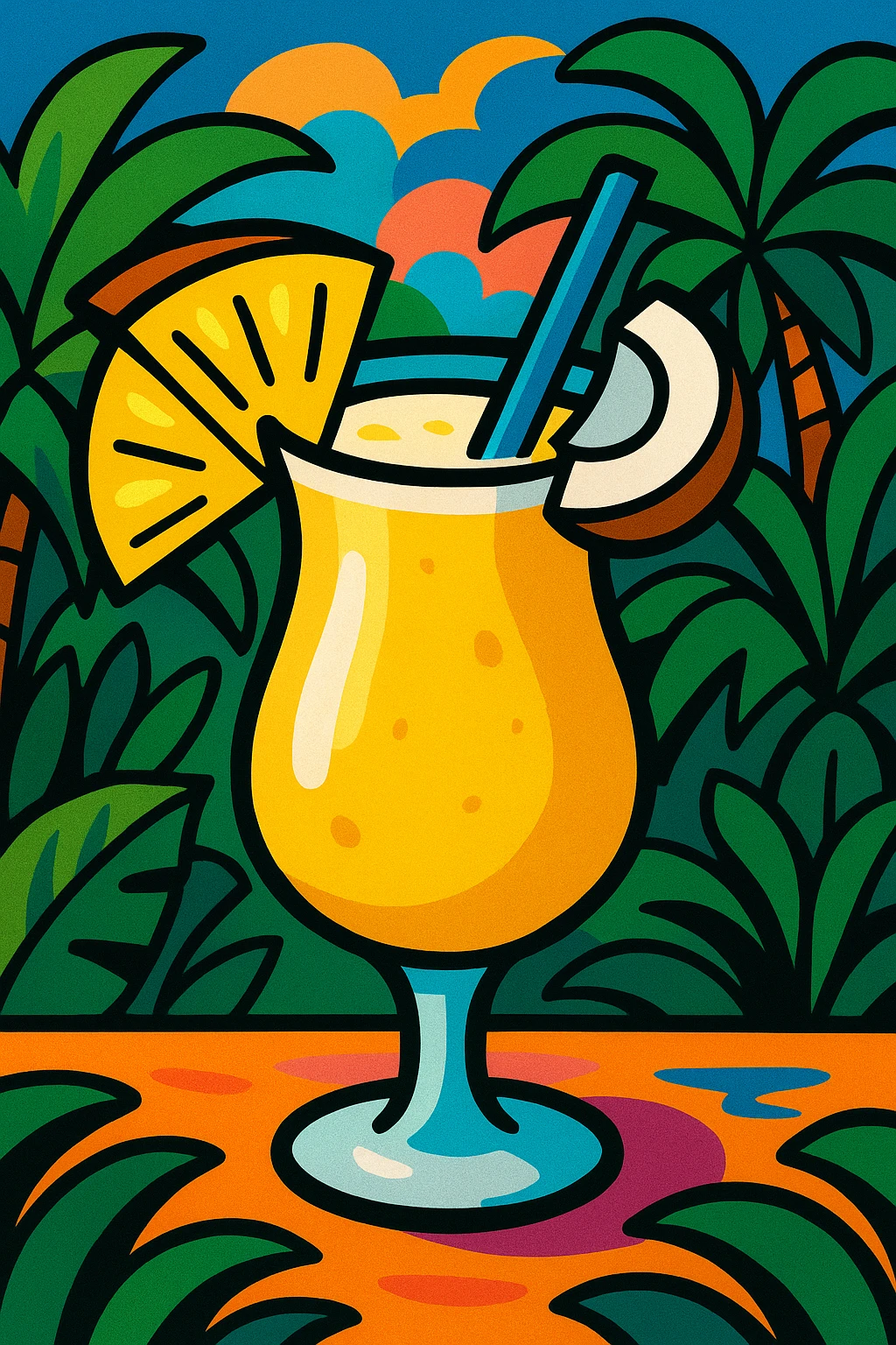 pina colada cocktail, vibrant, tropical, with pineapple and coconut, fun illustrative style emoji