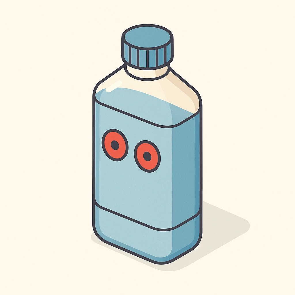 A water bottle with red eyes emoji