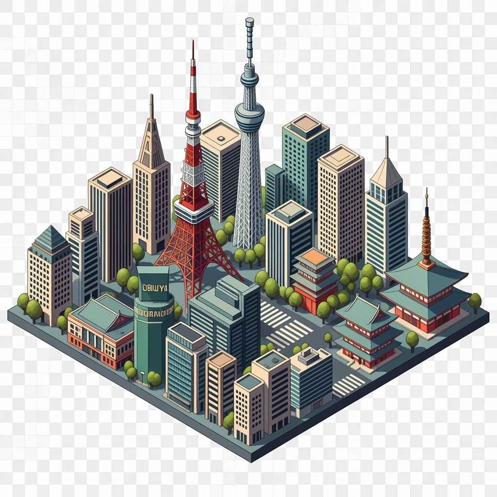 Isometric illustration of Tokyo,  detailed miniature cityscape with its most iconic landmarks and urban views, hand-drawn painterly style, slightly stylized but recognizable architecture, balanced colors, subtle 3D miniature effect, no cartoonish look, transparent background. emoji