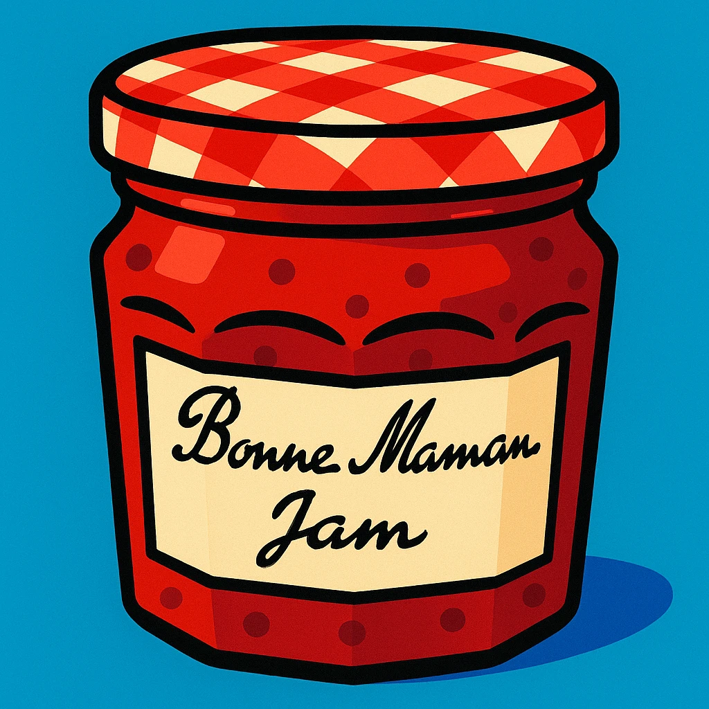 Bonne Maman jam jar, red and white checkered lid, handwritten label, in a vibrant toon style emoji