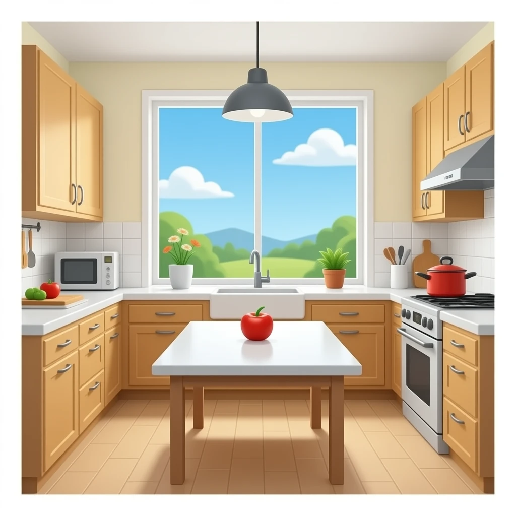 a room for cooking with a clean table in the middle emoji