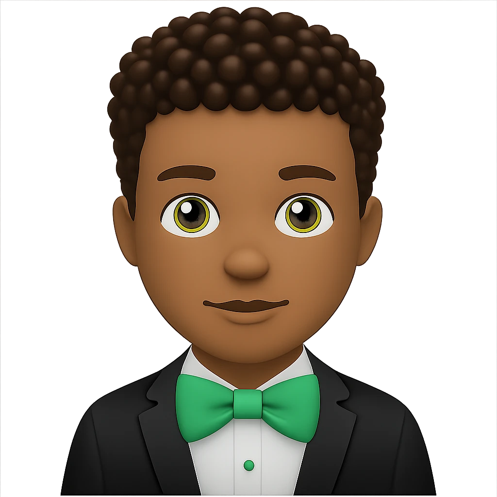 Change the man's hair to curly hair, keep the man with green bow tie, in apple emoji style, with no background. emoji