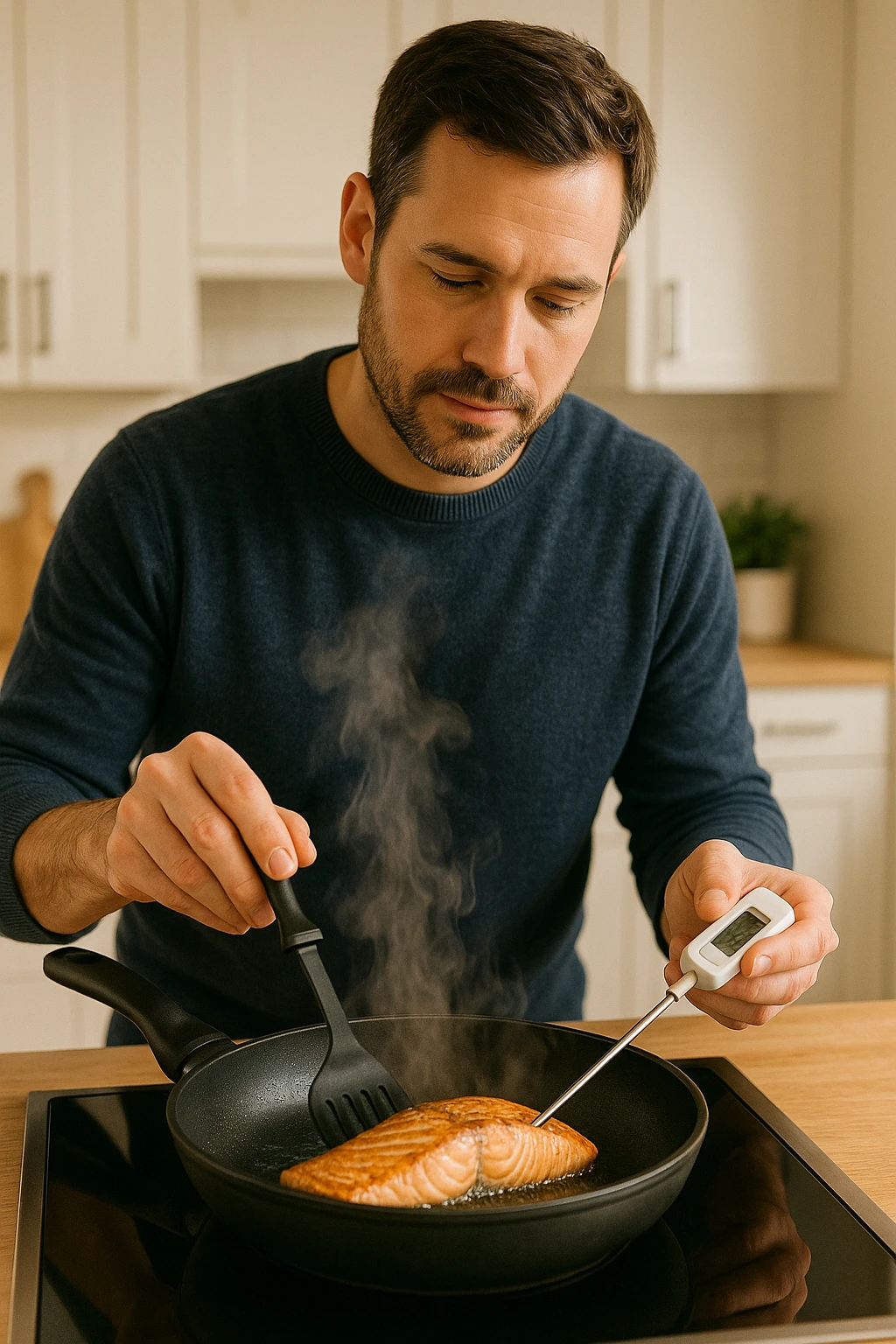 Uomo tra i 30 e i 45 anni in cucina moderna, concentrato mentre cucina un filetto di salmone fresco in padella. Si vede il vapore che sale, la superficie del salmone dorata e ben cotta. L’uomo usa utensili puliti, termometro da cucina nella mano sinistra per controllare la temperatura interna. Sullo sfondo, atmosfera luminosa e pulita, messaggio visivo implicito di sicurezza alimentare e buona pratica. Stile realistico e rassicurante, colori caldi e tono domestico. emoji