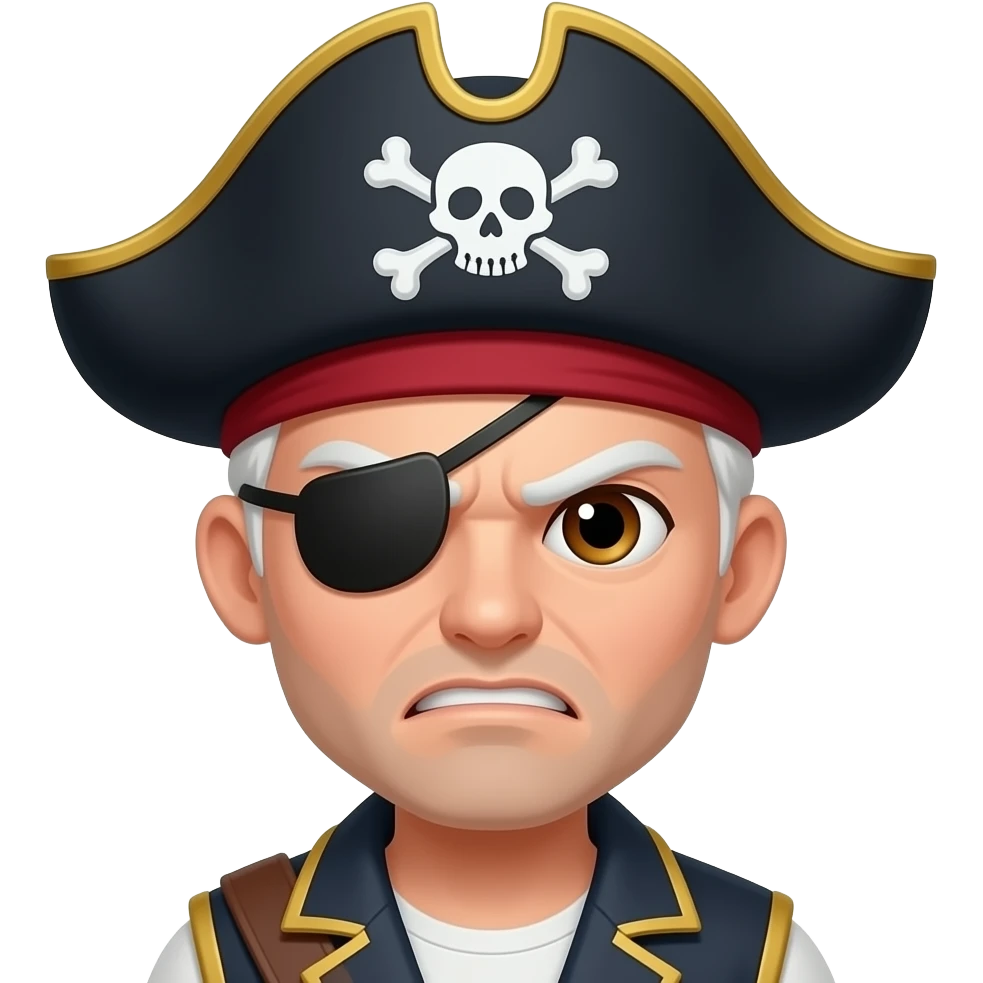 Pirata pelo corto rubio y blanco ojos cafés y parche en el ojo, barbilla solo en parte inferior no completa y gorro pirata enojado pelo corto rubio emoji