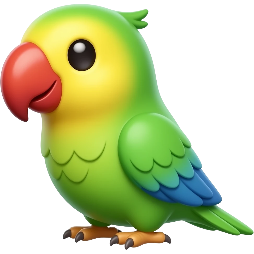 Ultra detailed 3D emoji parrot, cute stylized design, green body, yellow head, blue wing tips, red beak, glossy plastic, Pixar style, soft studio lighting, vibrant colors, clean gradient background, 4K, centered, floating emoji