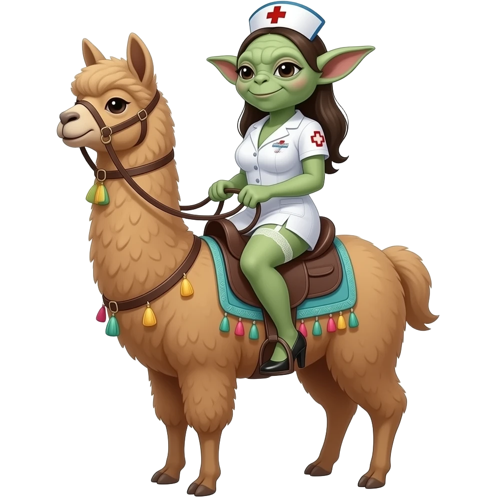 Yoda, big breasted nurse in lingerie and stiletto heels riding a llama emoji