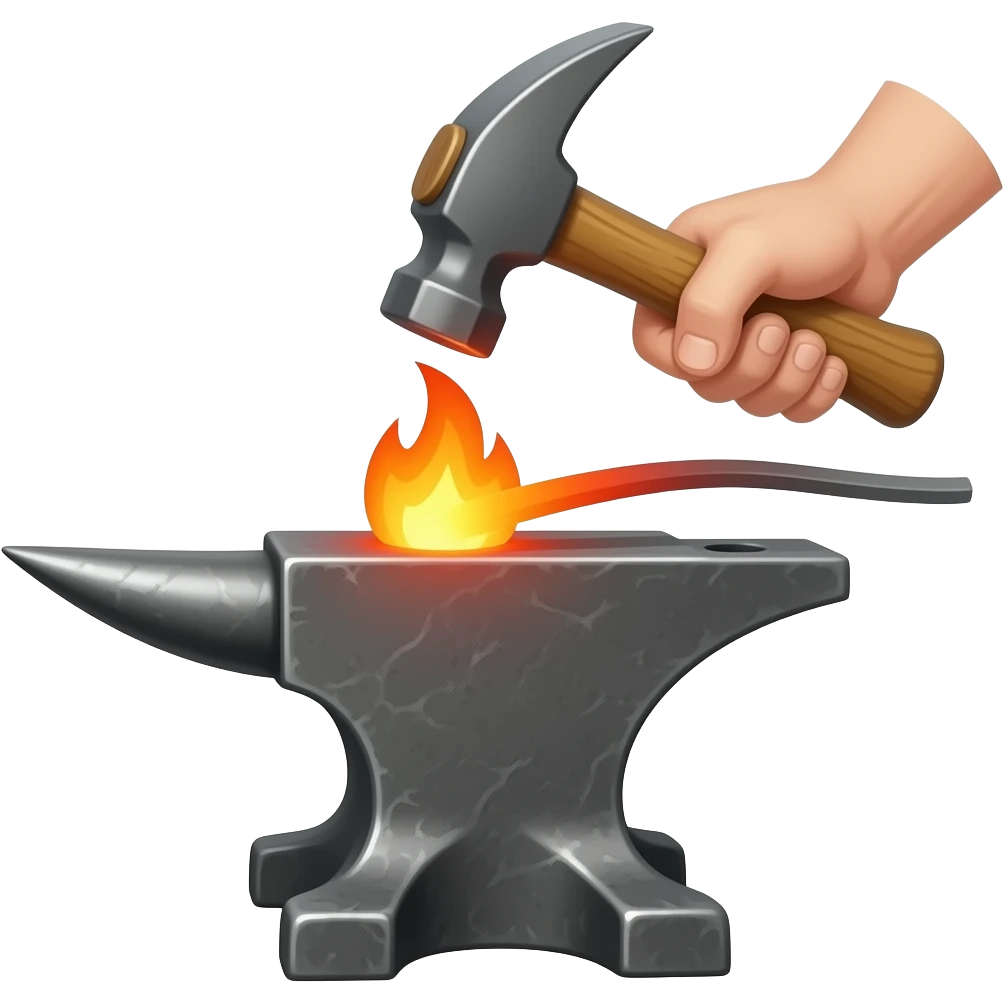 Blacksmithing icon forged metal piece being shaped with hammer and anvil with glowing red-hot metal emoji