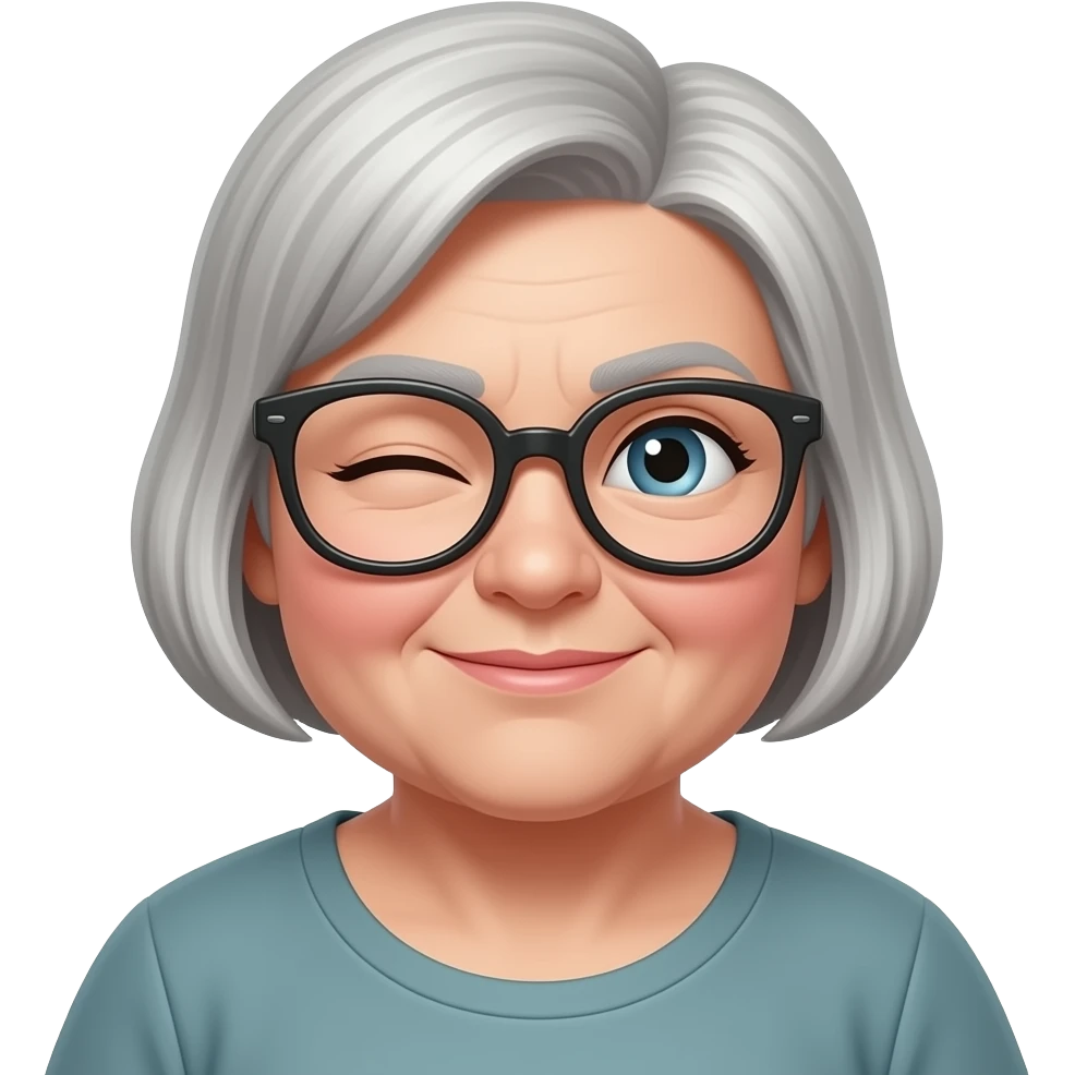 chubby old woman, short pixie cut, and glasses, eye roll emoji