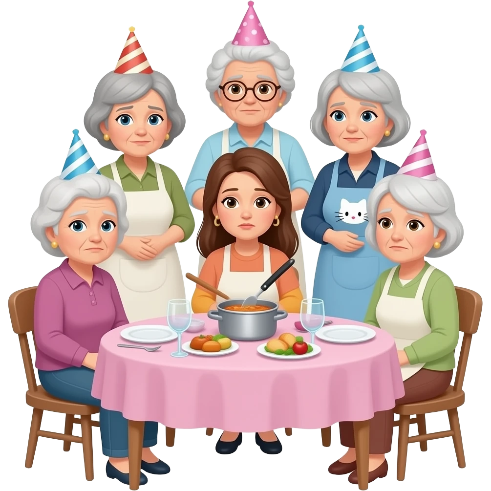 many old ladies comes of a kitty party and a young lady is tired of cooking for them emoji