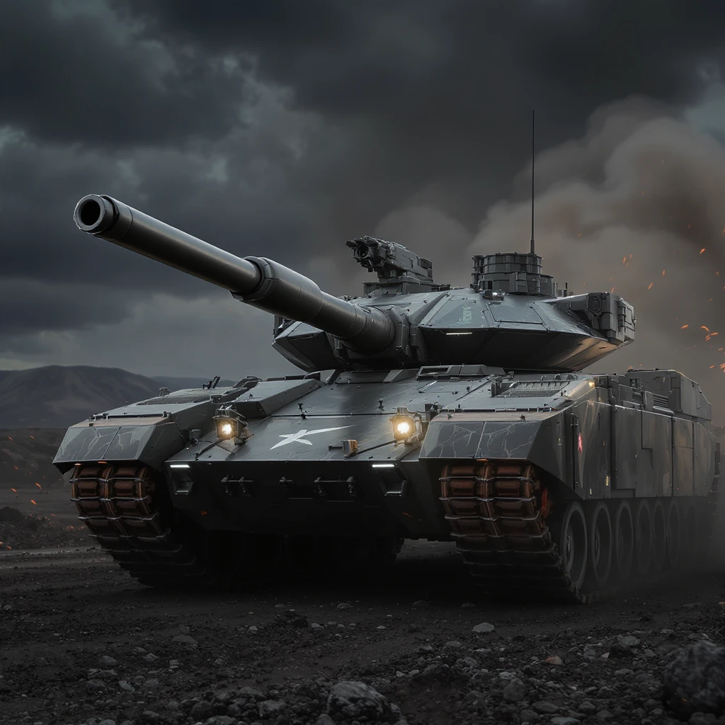 futuristic military tank 2025, realistic style, advanced armor, modern weaponry, highly detailed, photorealistic emoji