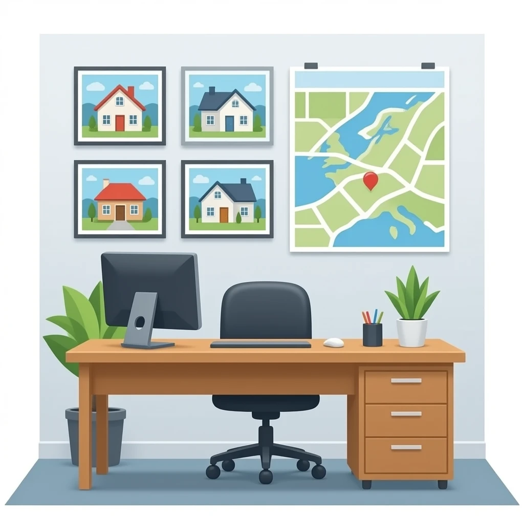 Emoji-style real estate office, desk with computer, wall with house pictures and map, clean modern look, flat colors, minimal detail, centered, white/transparent background. emoji