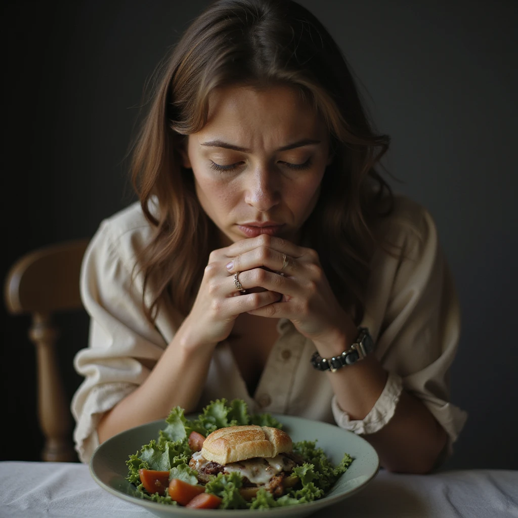 donna triste che mangia insalata, espressione triste, iperrealismo 4K, variazione 6 emoji