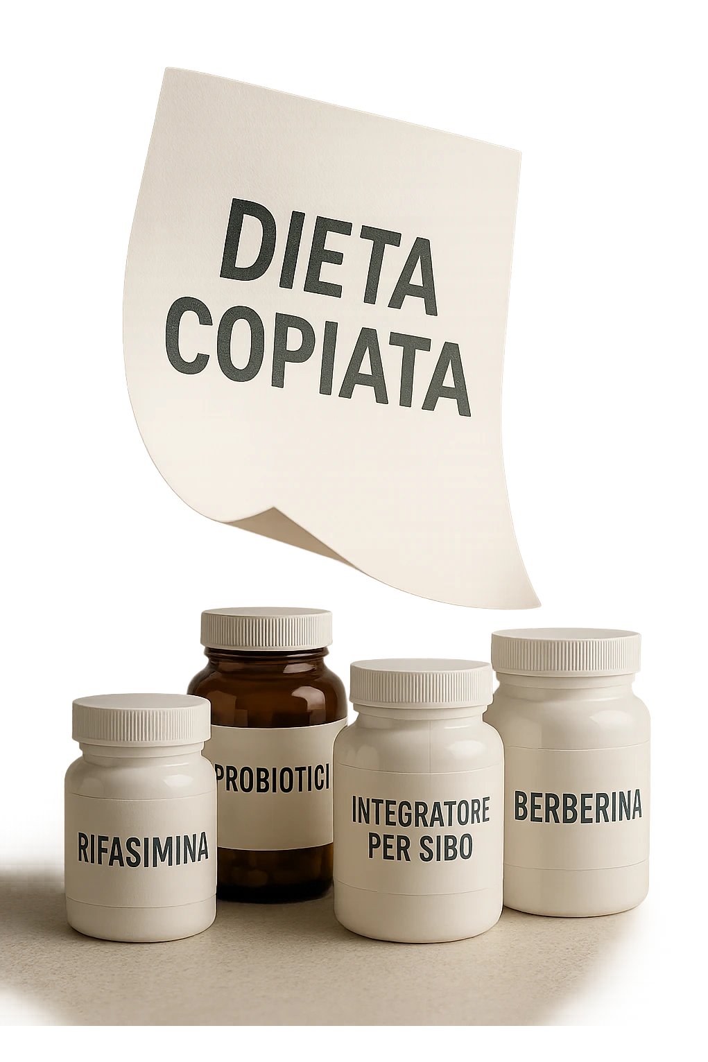 FOGLIO DI CARTA FLUTTUA IN ARIA CON LA SCRITTA "DIETA COPIATA", INSIEME A BARATTOLI DI INTEGRATORI PER CURARE IL SIBO IN ITALIANO, IPERREALISTICO 4K, NON DISEGNATO emoji