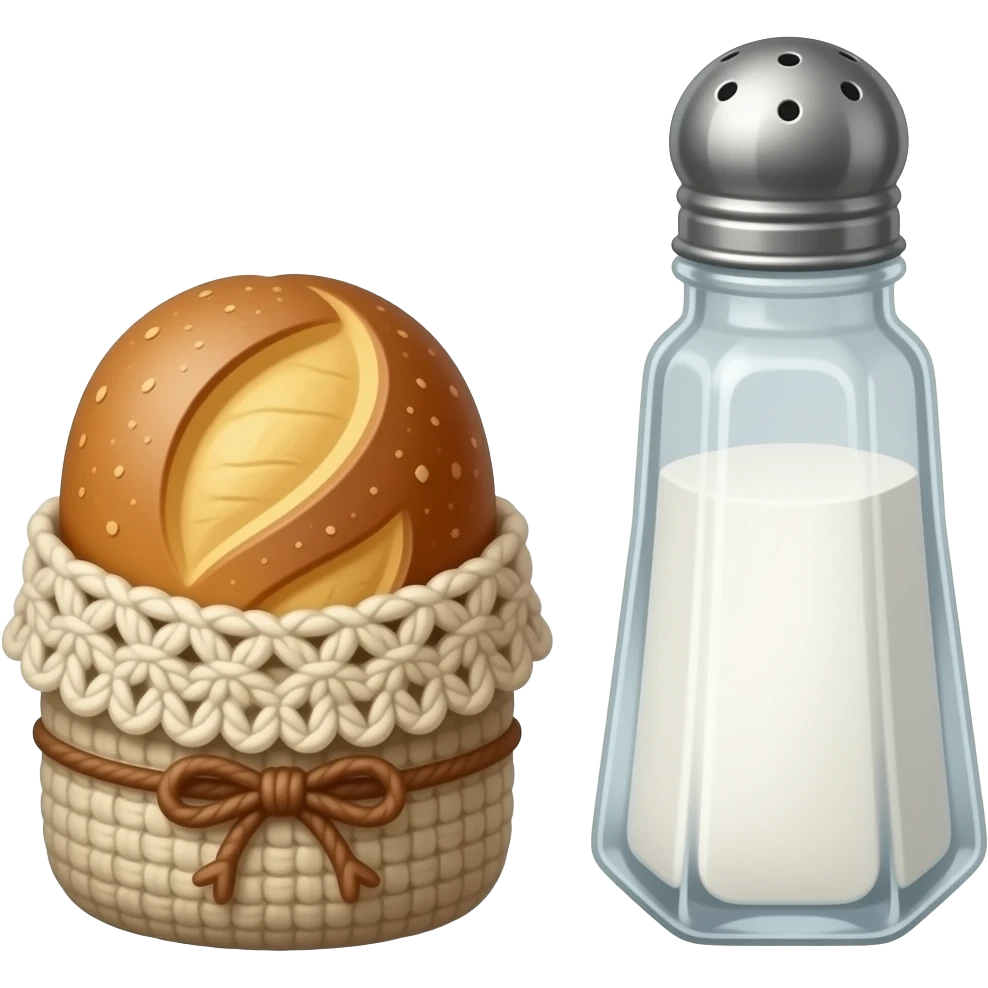 medieval style - a small cut-out peasant bread wrapped in crocheted fabric, next to which stands a large glass salt shaker emoji