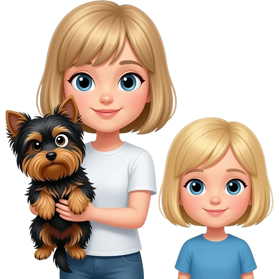 very dark blonde girl with bob haircut with dog Yorkshire full black with long hair in the eye and little blond girl with boy haircut emoji