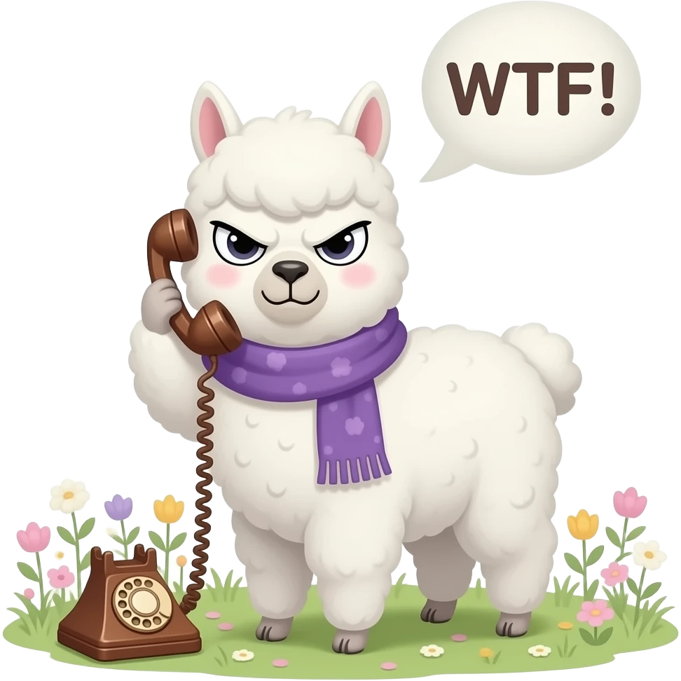 White chibi alpaca (style of image_1.png) in purple scarf, intensely angry scowling face, one hoof holding a vintage rotary phone to its ear, "WTF!" speech bubble above head, soft pastel flower meadow background, anime art style. emoji
