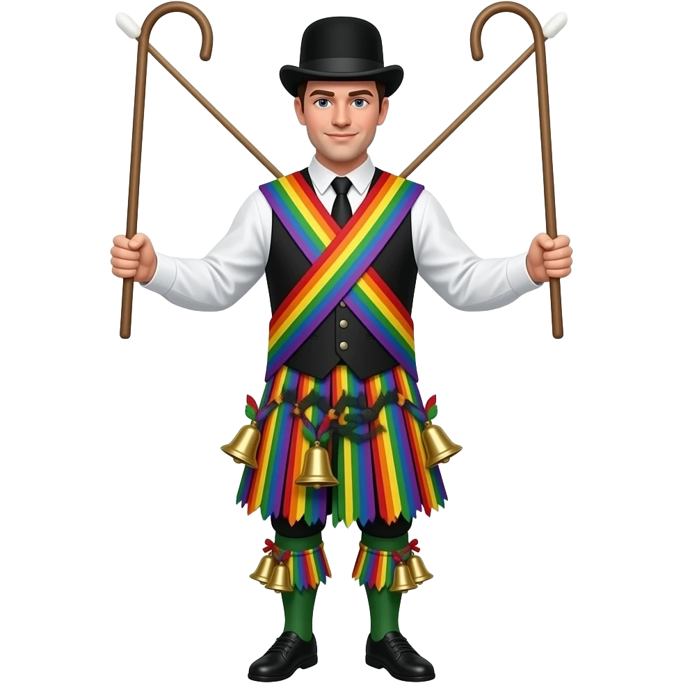 Male Border Morris dancer with sticks in hands (sticks have no decoration) and christmas bells on shins only with rainbow tatters coming off her waist and a vest with tatters and black bowler hat emoji