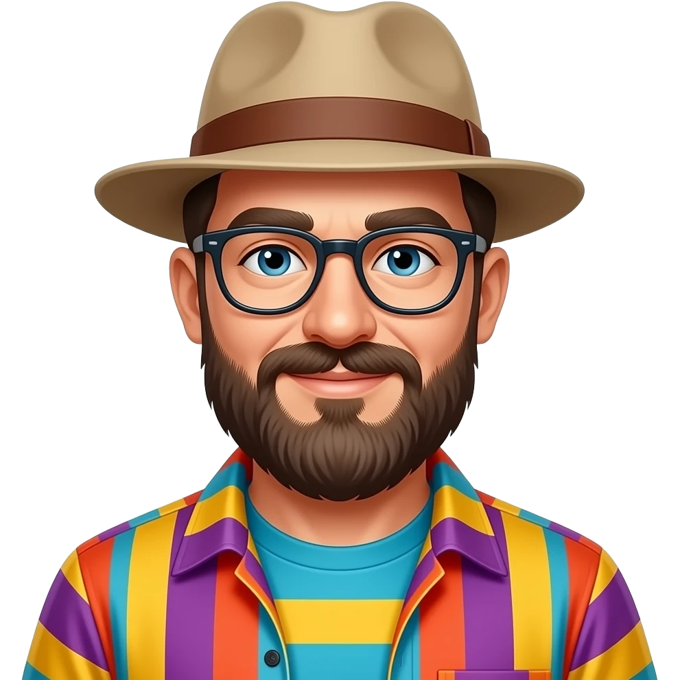 a man with beared and wear vibrant color clothes and wear eye glasses and hat emoji