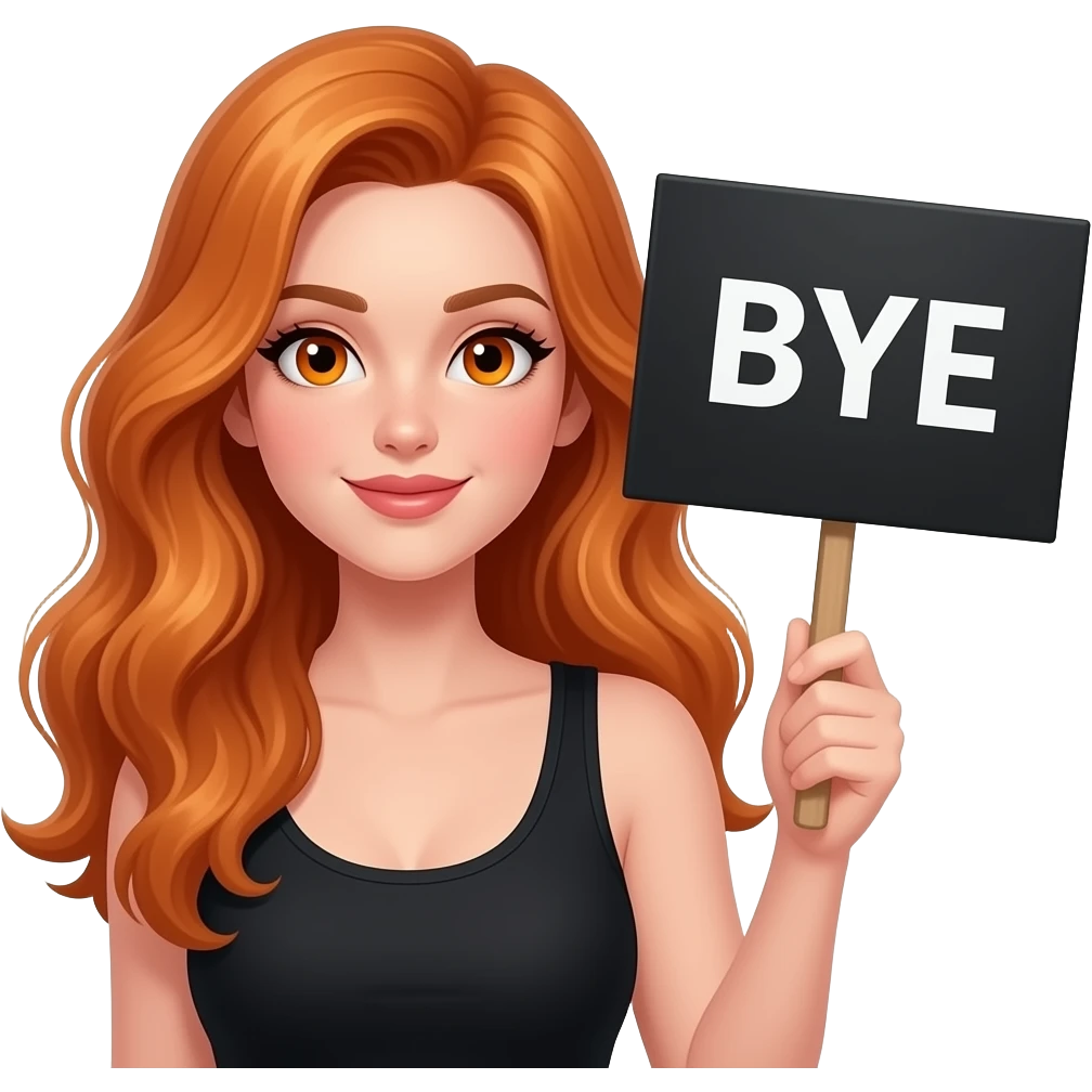 sexy girl with long wavy ginger hair and ginger eyes wearing a black tanktop is holding a black colored sign with BYE written on it emoji