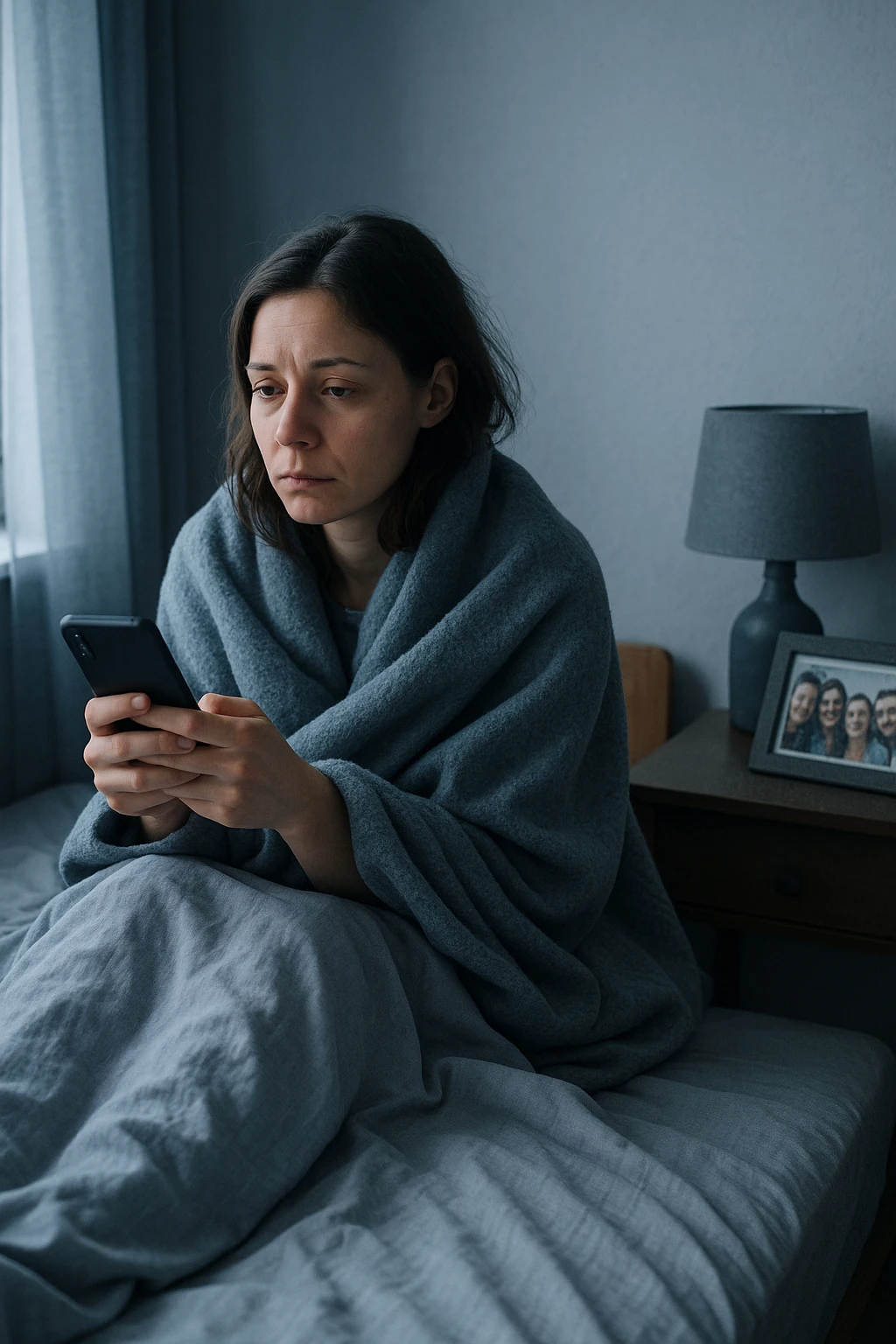 Donna tra i 30 e i 35 anni seduta da sola in una stanza, avvolta in una coperta, guarda il telefono ma non risponde ai messaggi. Sul comodino, una foto con amici, leggermente coperta dalla polvere. Sguardo perso nel vuoto. La stanza trasmette solitudine e distacco. Colori freddi, luce naturale tenue emoji