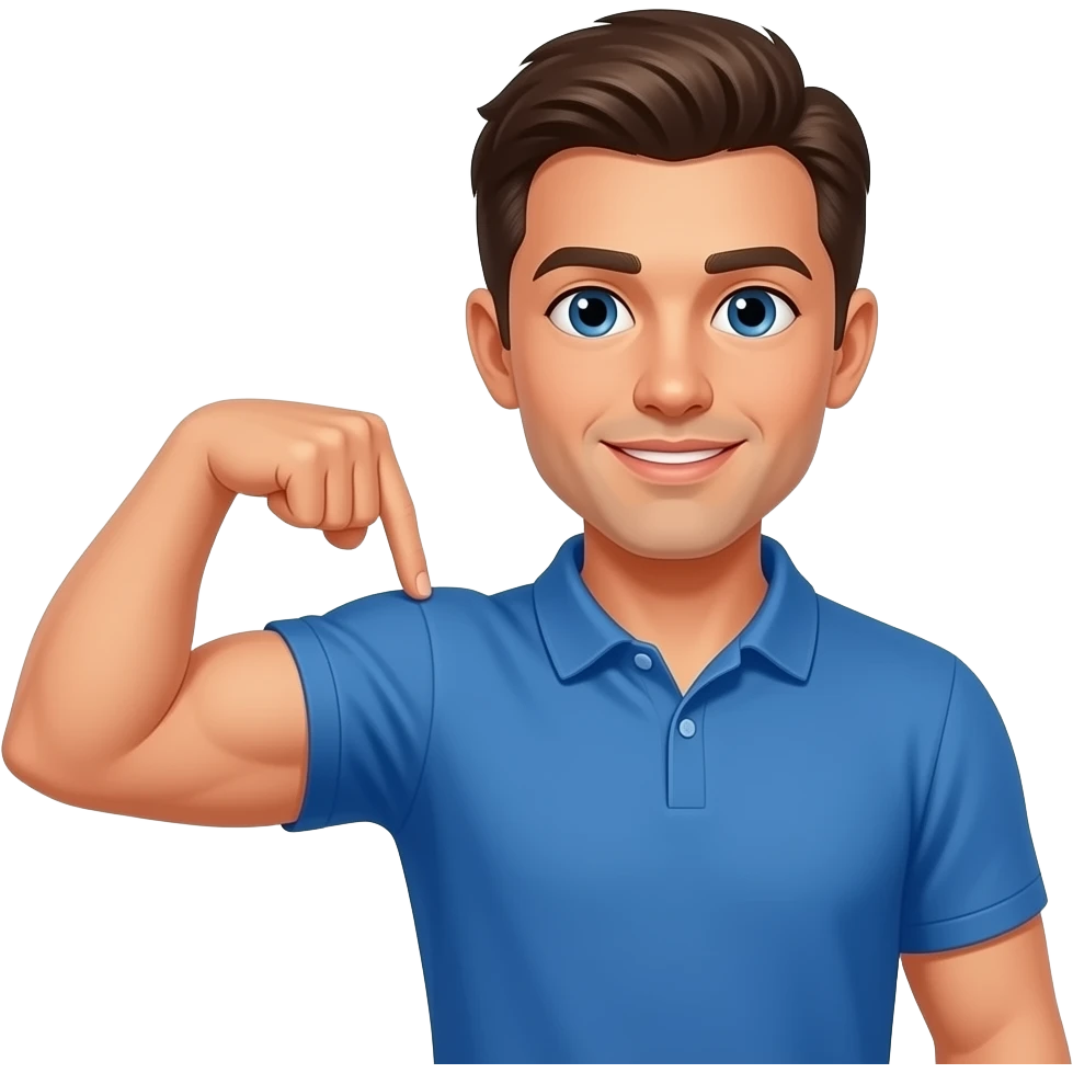 coach in a blue shirt touching his deltoid muscle with finger tips emoji
