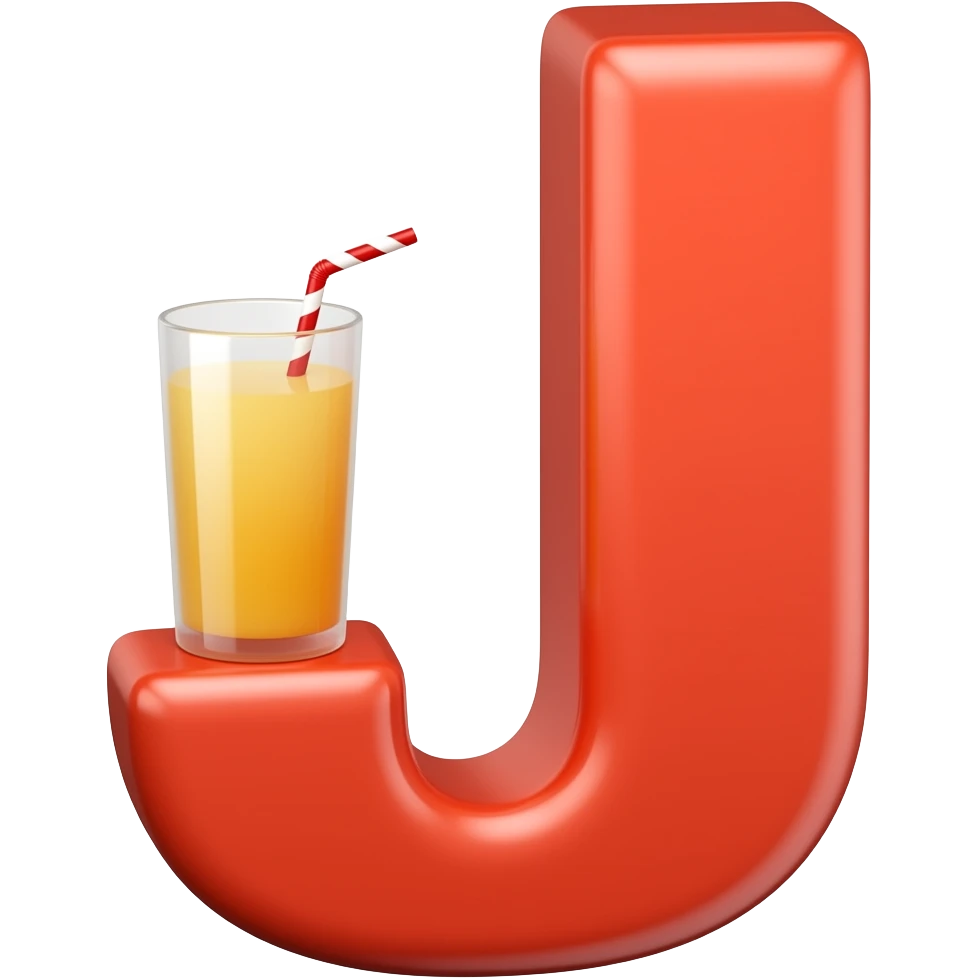 a red letter J having a small ORANGE juice glass with straw on its down tip. emoji