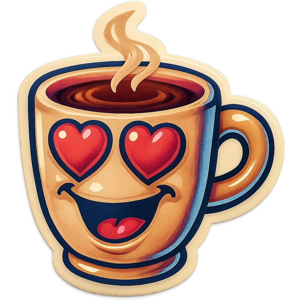 coffee cup creature, big heart eyes, dopey smile emoji