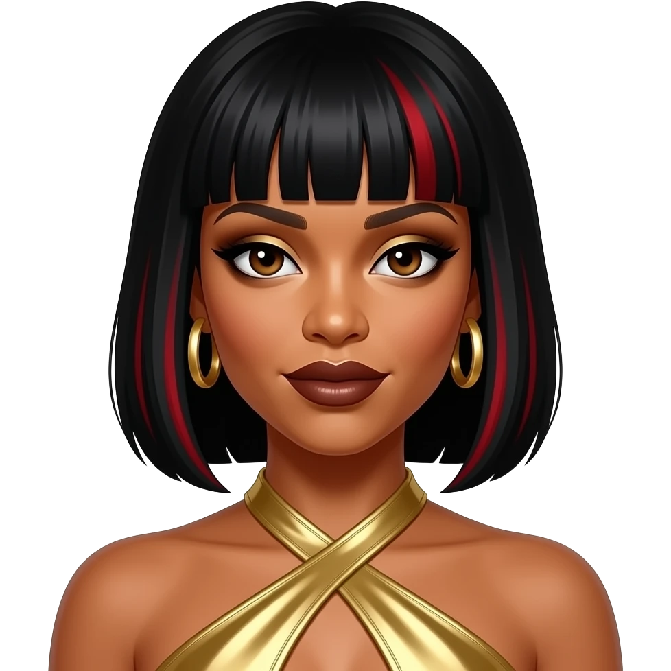 Kelly Rowland from Destiny's Child with dark brown eyes, black bang hair with red highlights, gold eyeshadow, dark brown lipstick, gold metallic halter dress, gold earrings emoji