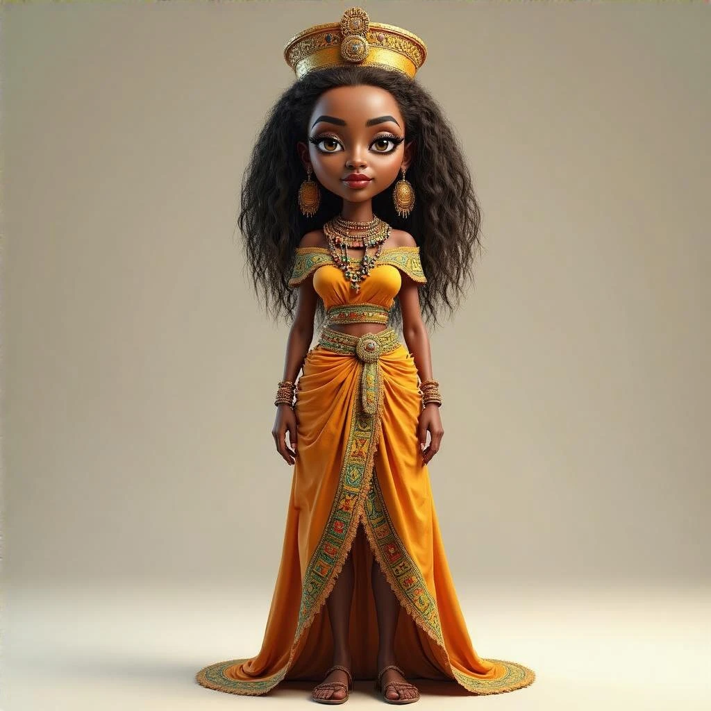Create me a Stylized 3D Character Art of an beautiful Ethiopian Queen of Sheba wearing traditional modern Ethiopian dress. Make it have a balance of realism and caricature. Make the image a portrait size  emoji