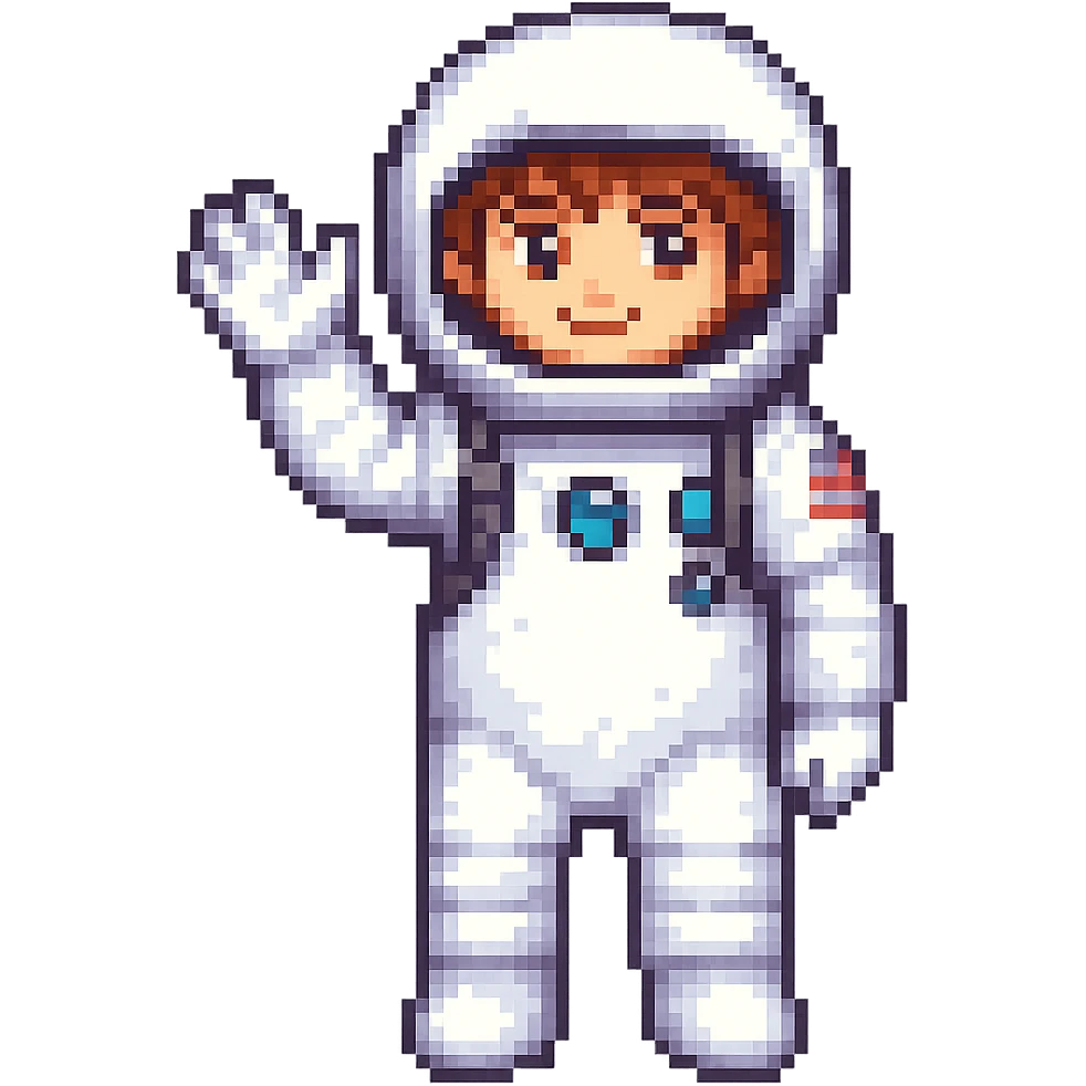 Make the cute astronaut wave, in pixel art style, with no background. emoji