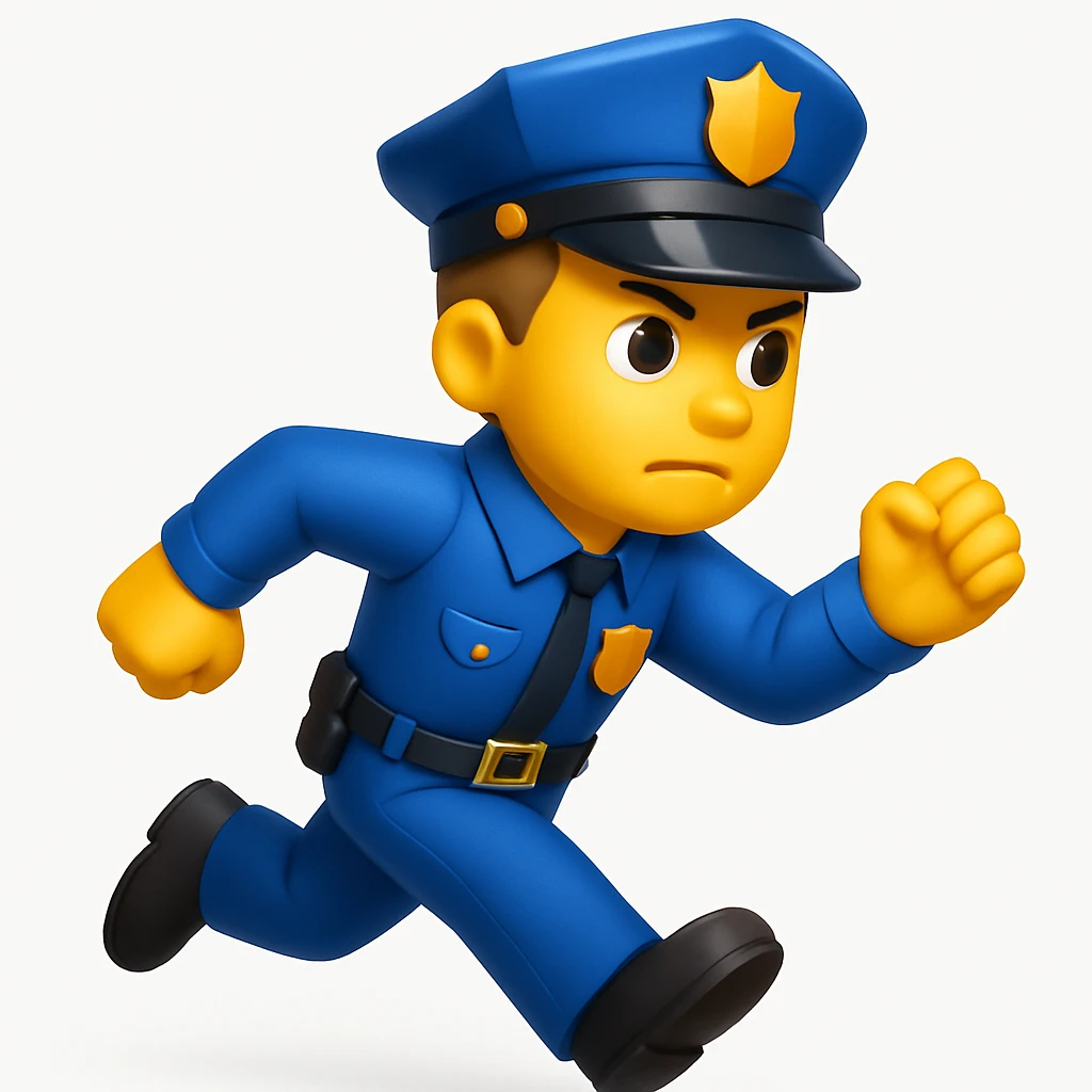 A 3D emoji in iOS emoji aesthetic style of a police officer running forward as if chasing someone, one arm stretched and the other bent, determined facial expression, wearing a blue police uniform and cap, glossy Apple-style rendering, clean white background emoji