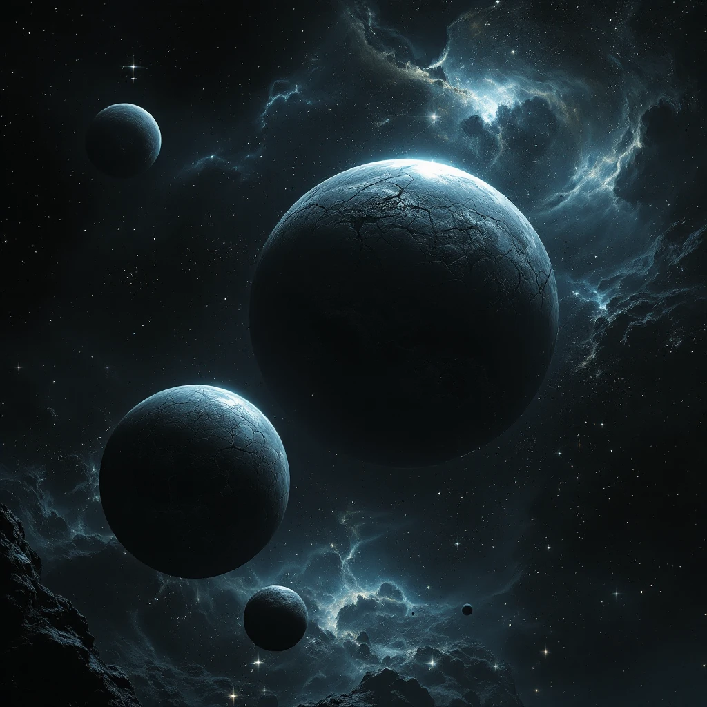 dark cosmic region orbiting black hole. No sunlight. twisted planets and moons circling in quite. Monde Noir looms in the foreground — a cracked, obsidian planet with no atmosphere. moon, Oblieth, nearby, pitted. Stars are distorted by gravitational lensing. emoji