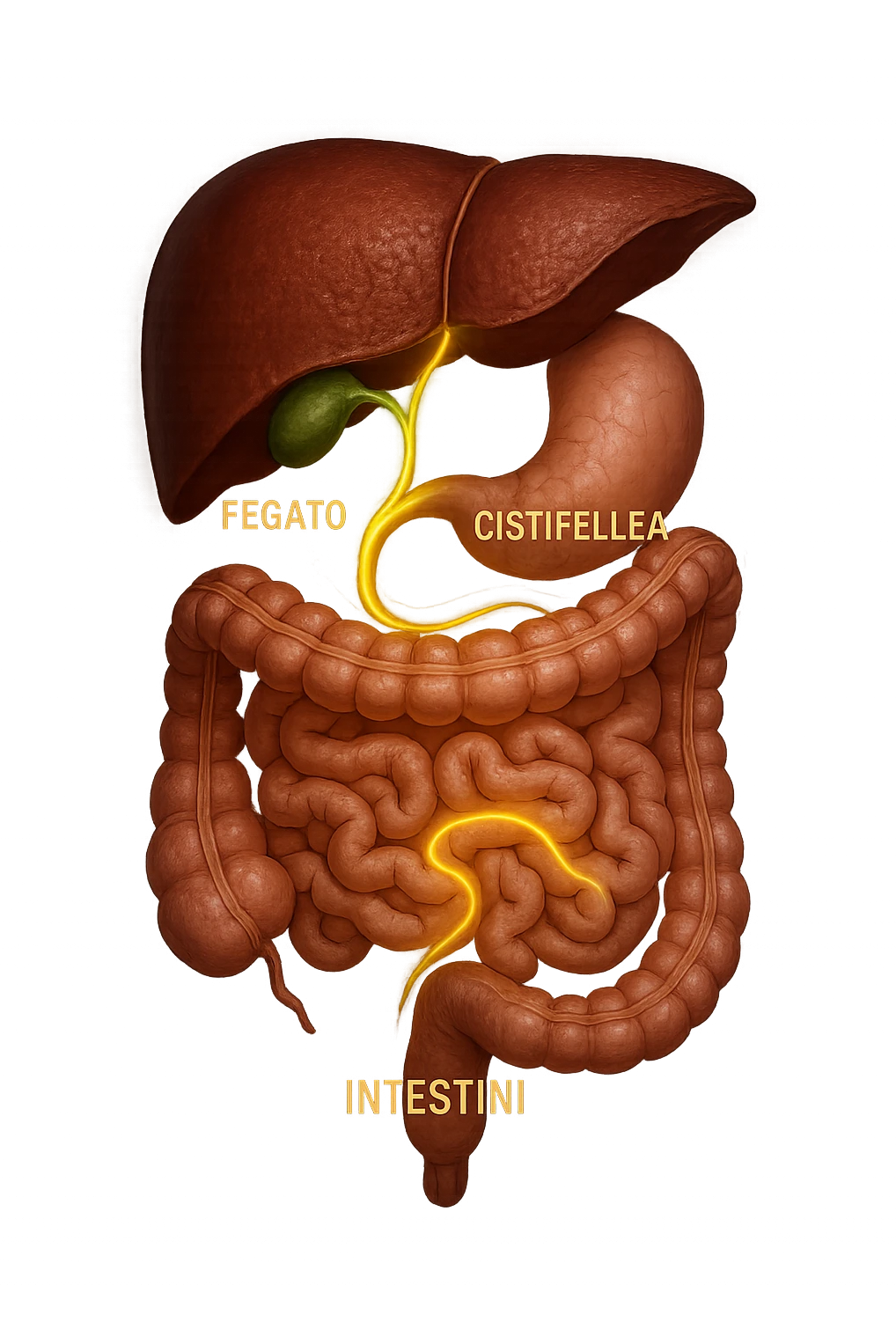 A detailed anatomical illustration-style image focusing on the human torso, highlighting the liver, gallbladder (cistifellea), and intestines. The organs are shown with realistic textures and colors: the liver in deep reddish-brown, the gallbladder as a small greenish sac tucked under the liver, and the intestines in soft pinkish hues. Connecting these organs are glowing, semi-transparent lines or light trails in vibrant colors (e.g., bright yellow or green) that visually trace the functional and physiological links between them. The lines flow smoothly from the liver to the gallbladder and then down to the intestines, symbolizing bile flow and digestive processes. The background is a subtle dark gradient that enhances the brightness and clarity of the lines and organs. The style is a blend of medical illustration and modern digital art, clear, precise, and visually engaging emoji